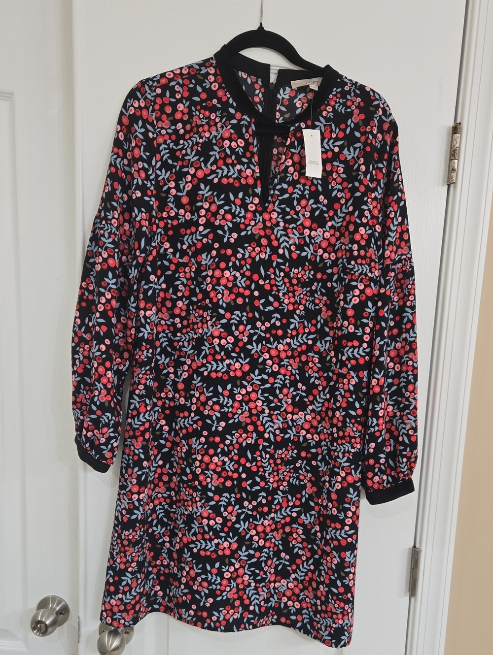 LOFT Black Long Sleeve Floral Shift Dress with Pink and Light Blue Print